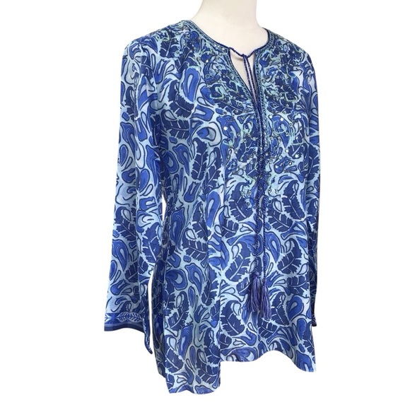 Bella Tu Abby Split- Neck Long Sleeve Tunic With Tassel Ties Beaded Trim… - Picture 13 of 16